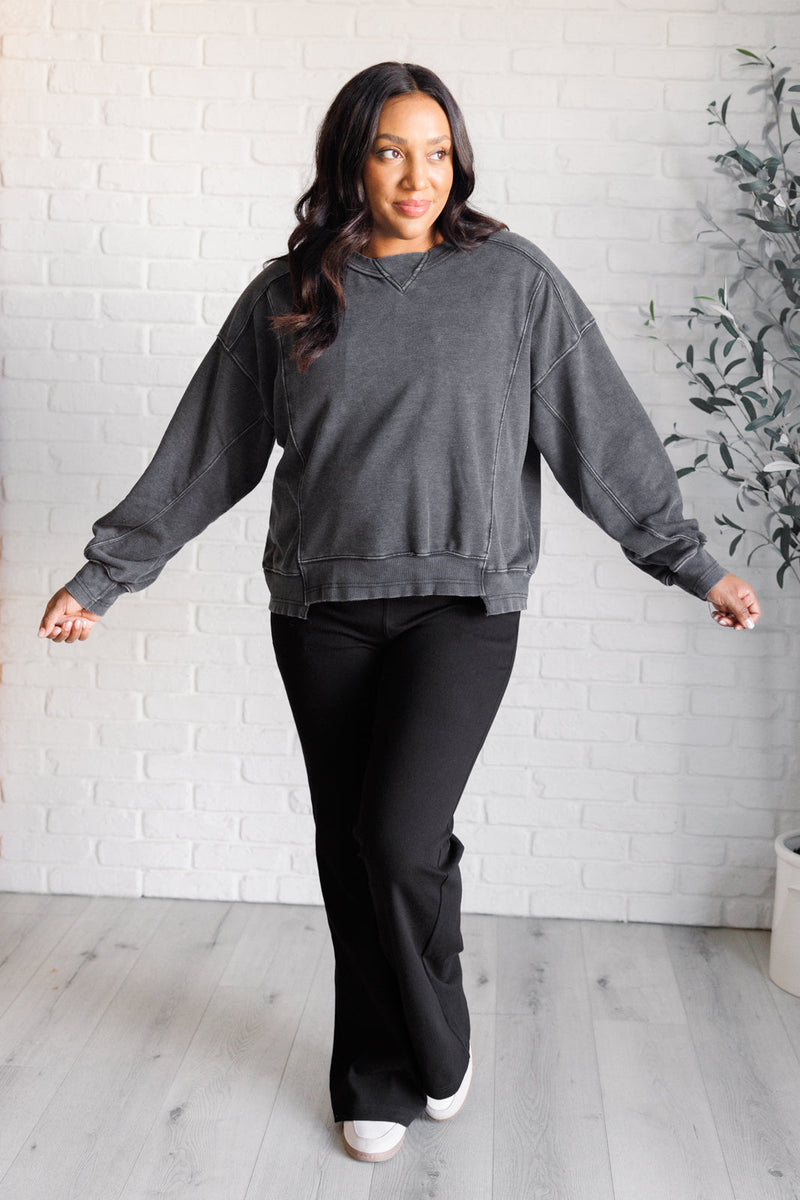 Quick Fix Mineral Wash Crew Neck Pullover in Black - Maple Row Boutique 