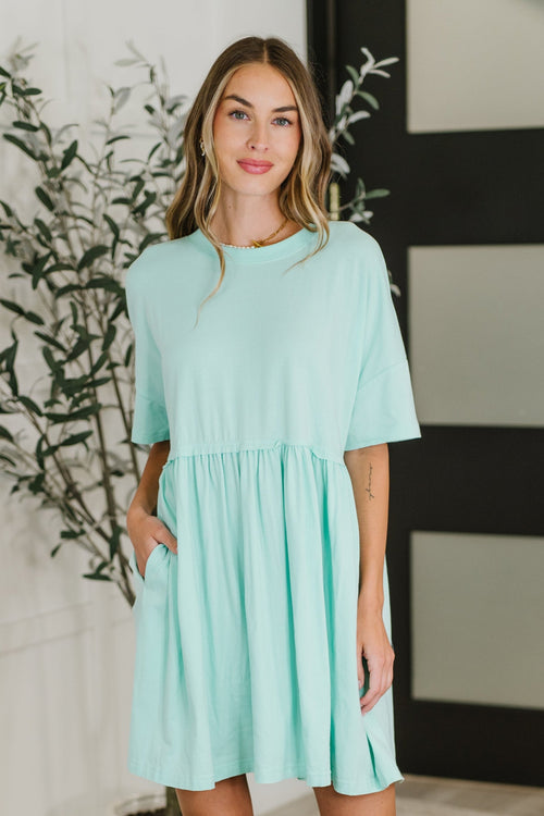 PREORDER: Relaxed Drop Shoulder Dress in Aqua - Maple Row Boutique