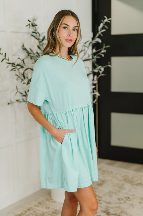 PREORDER: Relaxed Drop Shoulder Dress in Aqua - Maple Row Boutique