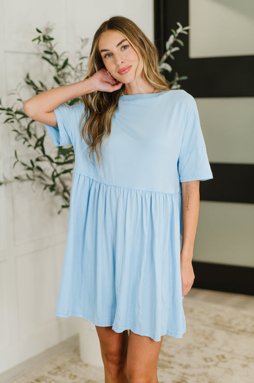 PREORDER: Relaxed Drop Shoulder Dress in Light Blue - Maple Row Boutique