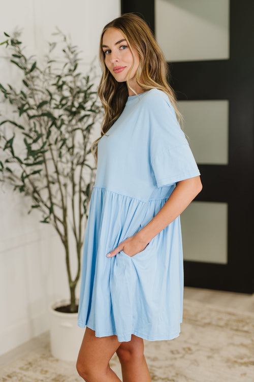 PREORDER: Relaxed Drop Shoulder Dress in Light Blue - Maple Row Boutique