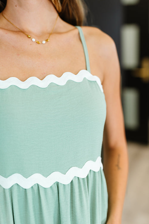Ripple Effect Spaghetti Strap Dress in Sage - Maple Row Boutique