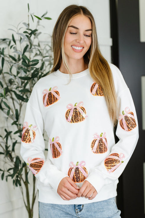 PREORDER: Sequin Pumpkin Bow Pullover - Maple Row Boutique