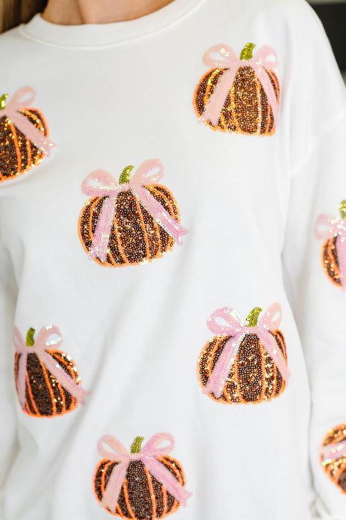 PREORDER: Sequin Pumpkin Bow Pullover - Maple Row Boutique