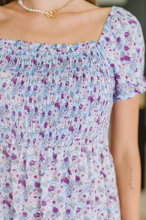 PREORDER: Square Neck Dress in Purple Floral - Maple Row Boutique