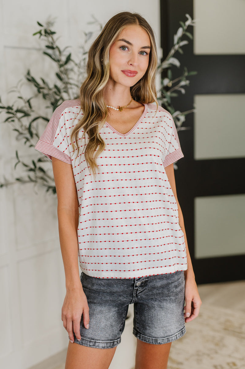 Stitched with Love V-Neck Top in Ivory and Red - Maple Row Boutique