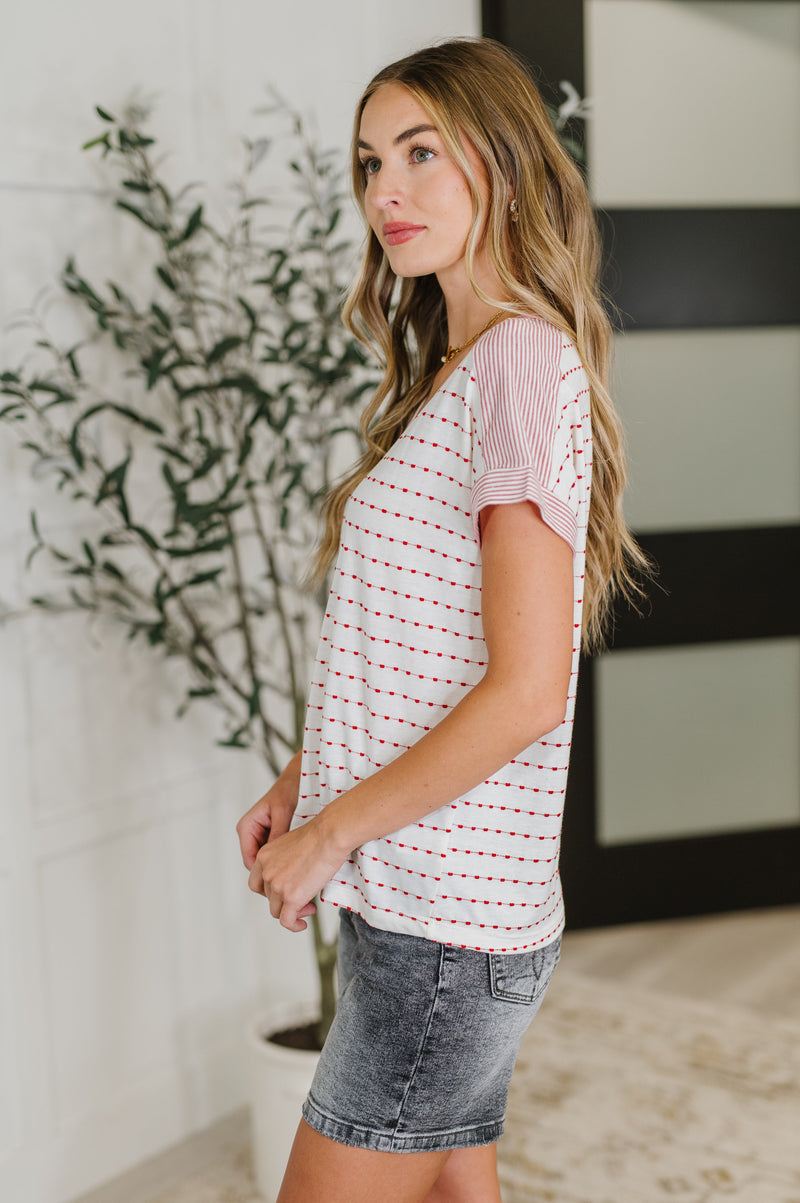 Stitched with Love V-Neck Top in Ivory and Red - Maple Row Boutique