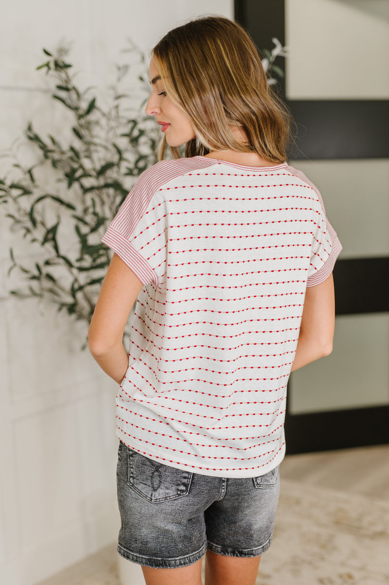 Stitched with Love V-Neck Top in Ivory and Red - Maple Row Boutique
