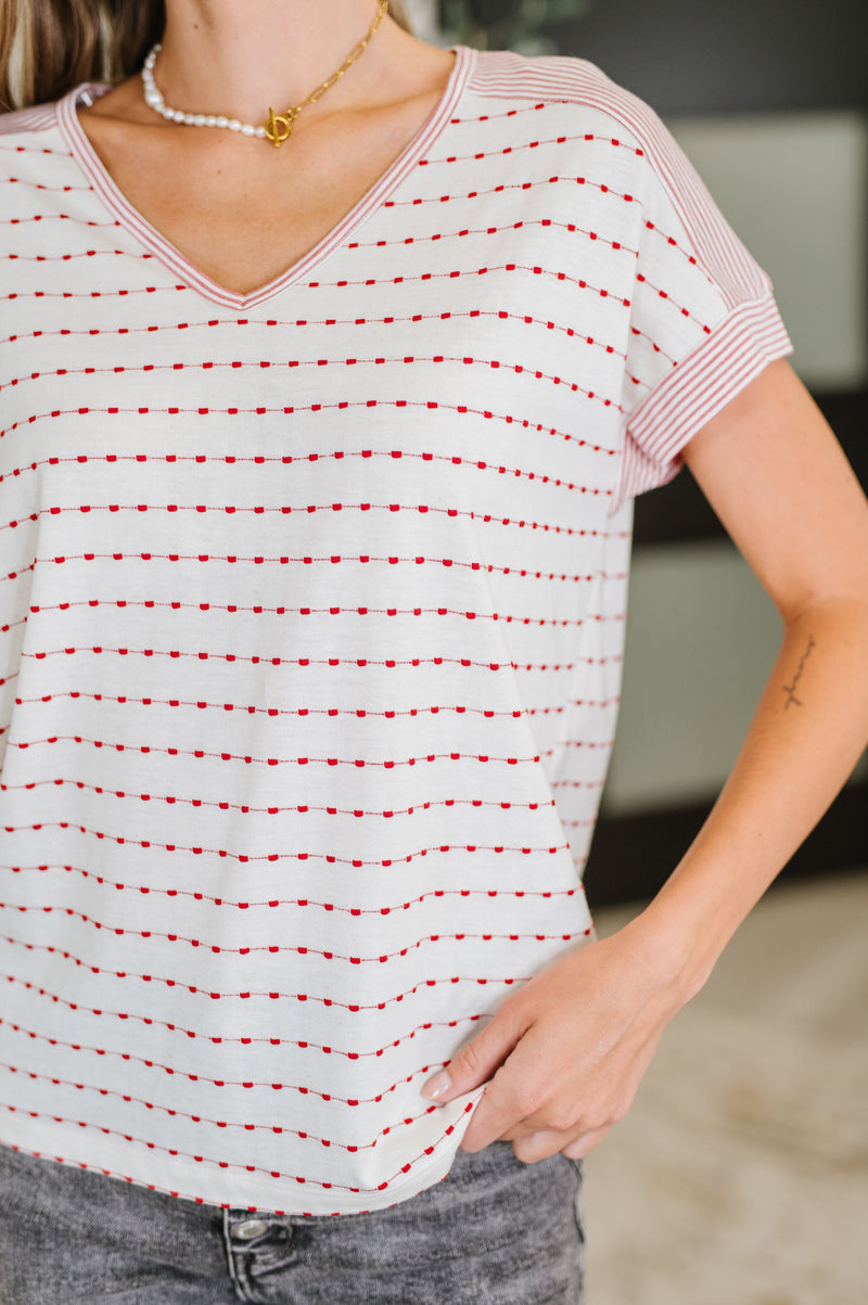 Stitched with Love V-Neck Top in Ivory and Red - Maple Row Boutique