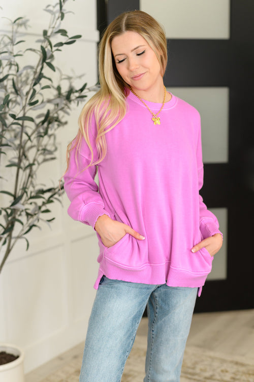 Talk Cozy to Me Stepped Hem Pullover in Bright Mauve - Maple Row Boutique