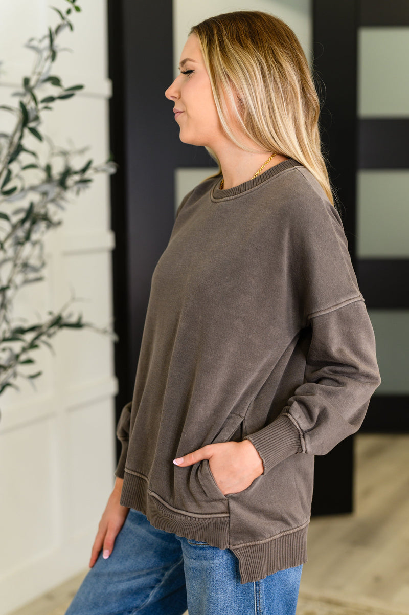 Talk Cozy to Me Stepped Hem Pullover in Brown - Maple Row Boutique