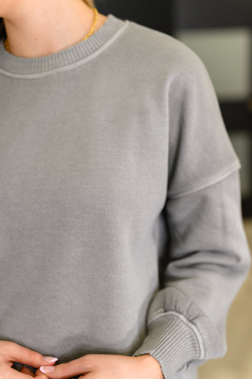Talk Cozy to Me Stepped Hem Pullover in Sleet - Maple Row Boutique