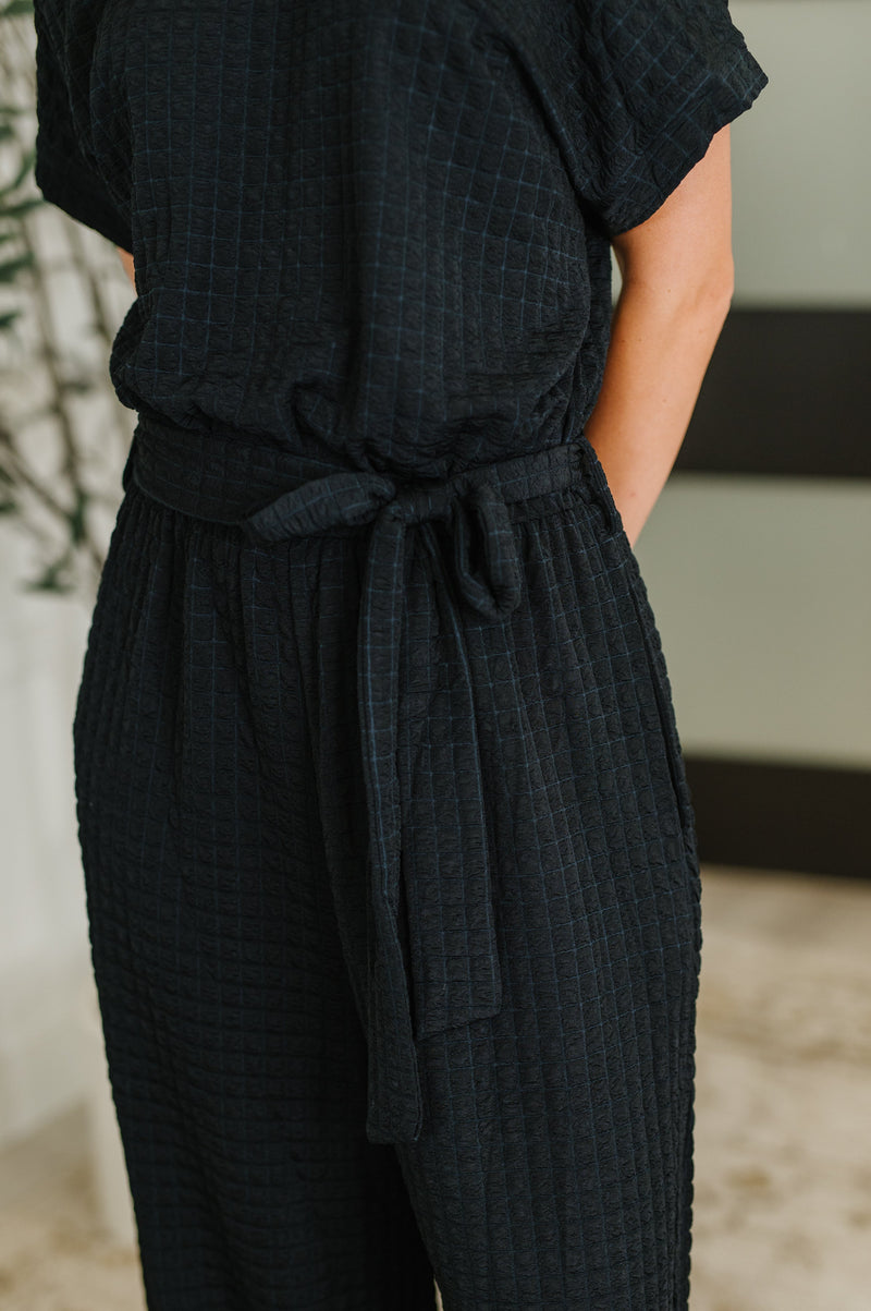 PREORDER: Textured Knit Jumpsuit in Black - Maple Row Boutique