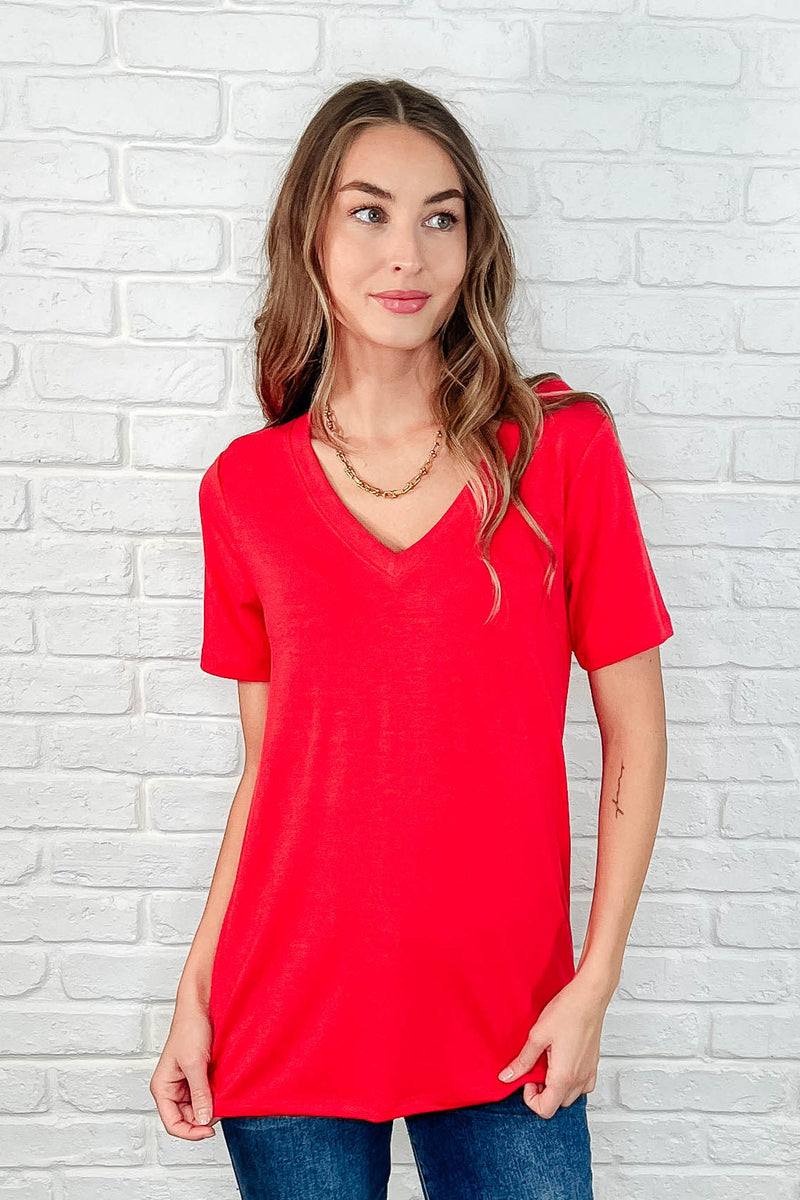 The Every Outfit Basic V-Neck Top in Ruby - Maple Row Boutique