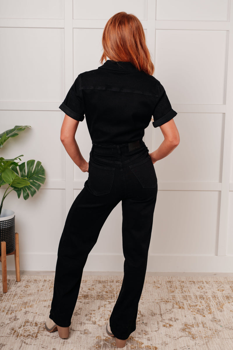 Tilda Short Sleeve Control Top Denim Jumpsuit - Maple Row Boutique 