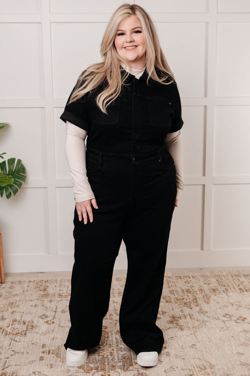 Tilda Short Sleeve Control Top Denim Jumpsuit - Maple Row Boutique 