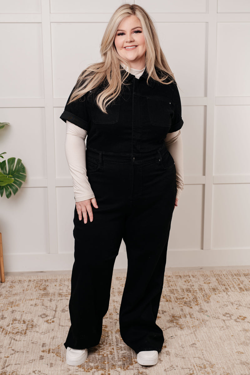 Tilda Short Sleeve Control Top Denim Jumpsuit - Maple Row Boutique 