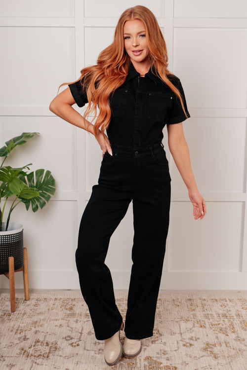 Tilda Short Sleeve Control Top Denim Jumpsuit - Maple Row Boutique 