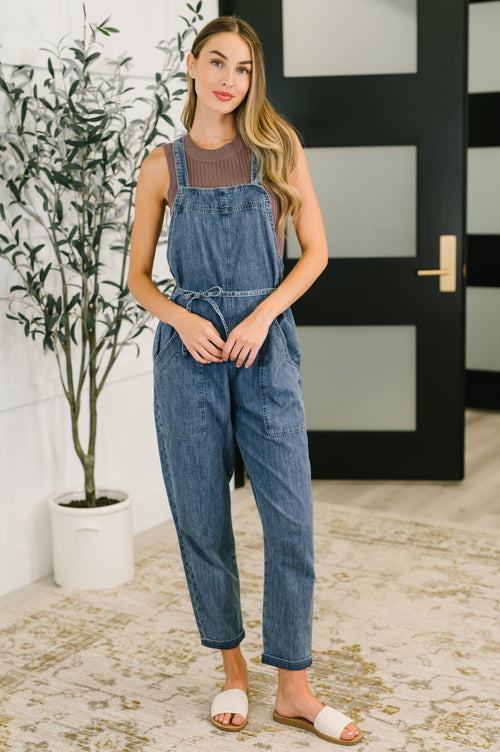 Too Cute to Compute Waist Tie Overalls in Dark Blue - Maple Row Boutique