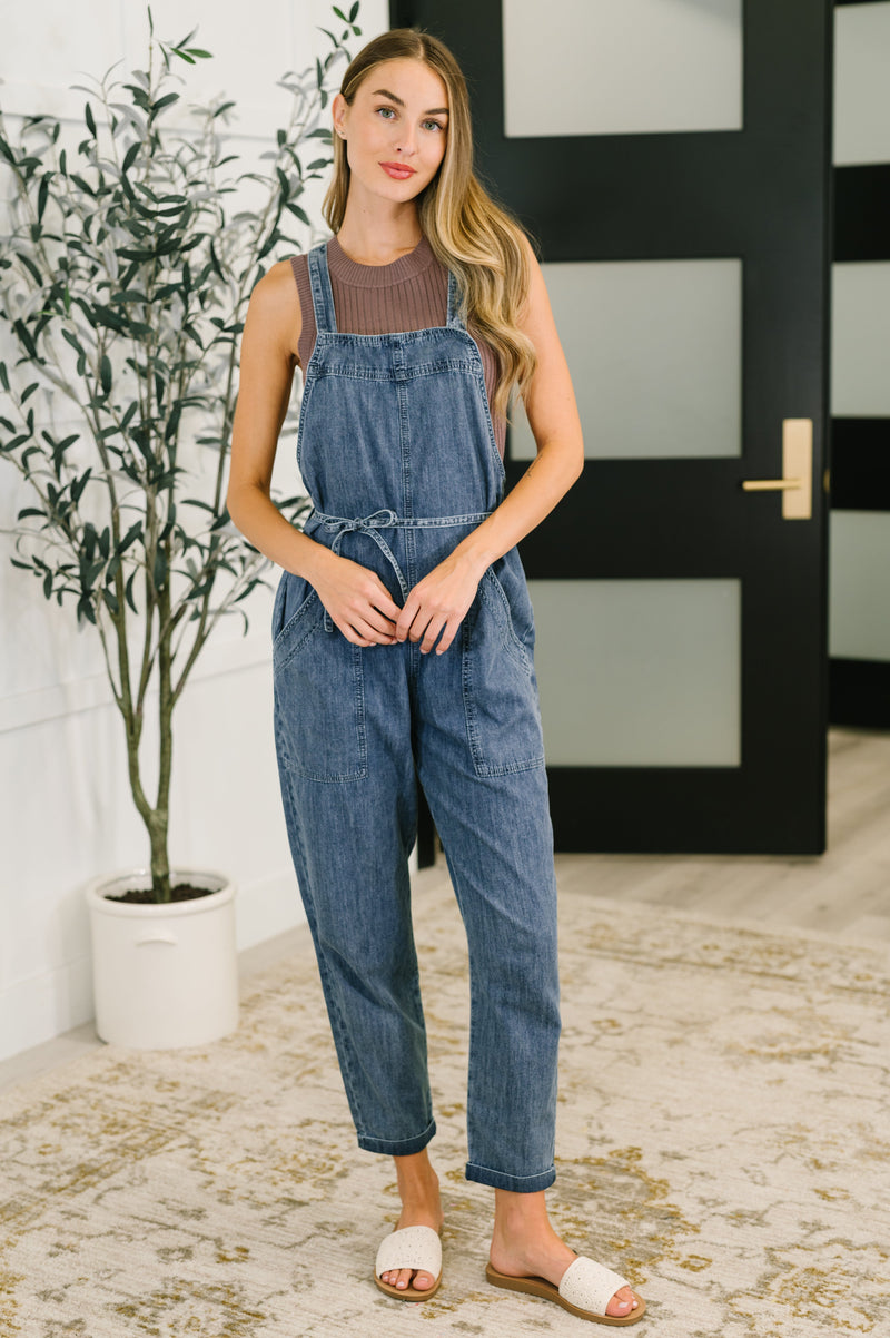 Too Cute to Compute Waist Tie Overalls in Dark Blue - Maple Row Boutique
