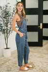 Too Cute to Compute Waist Tie Overalls in Dark Blue - Maple Row Boutique