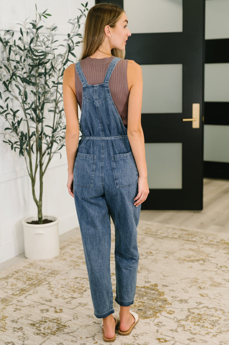 Too Cute to Compute Waist Tie Overalls in Dark Blue - Maple Row Boutique