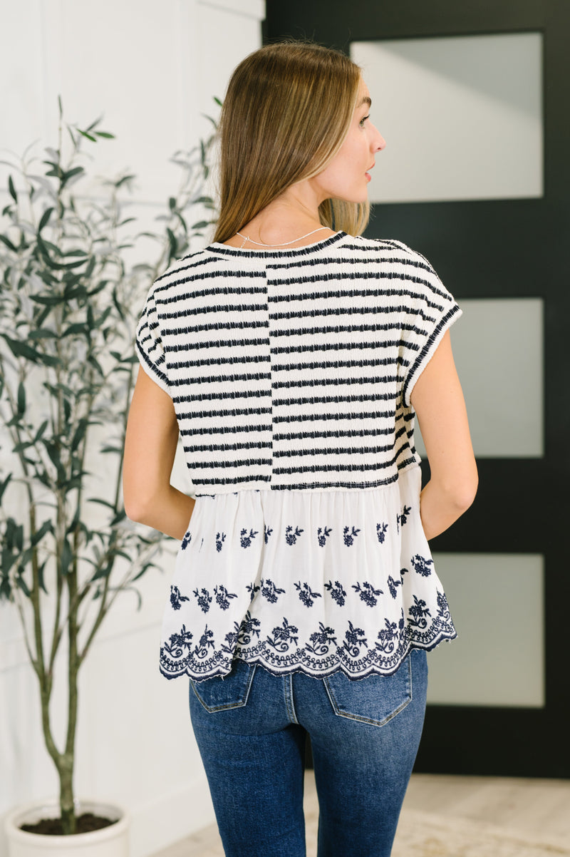 Too Sweet to Share Scalloped Hem Blouse in Ivory and Navy - Maple Row Boutique