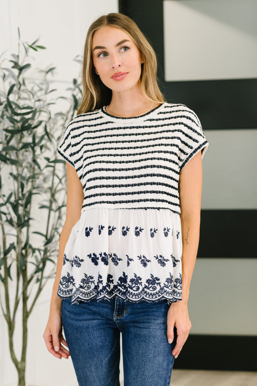 Too Sweet to Share Scalloped Hem Blouse in Ivory and Navy - Maple Row Boutique