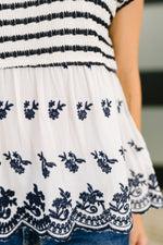 Too Sweet to Share Scalloped Hem Blouse in Ivory and Navy - Maple Row Boutique