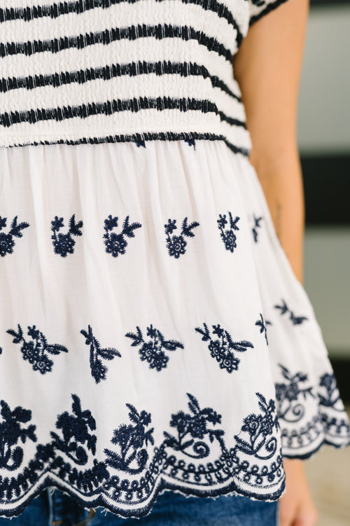 Too Sweet to Share Scalloped Hem Blouse in Ivory and Navy - Maple Row Boutique