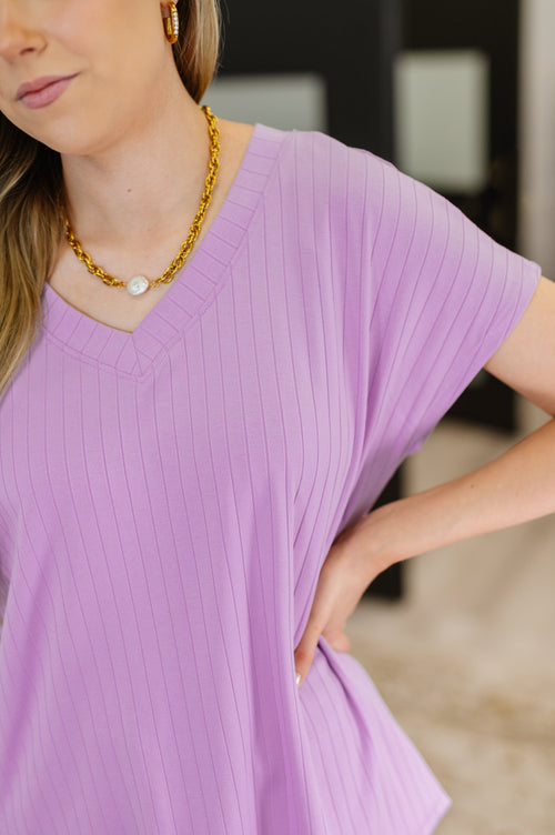 Top Shelf Basic V-Neck Ribbed Tee in Lavender - Maple Row Boutique
