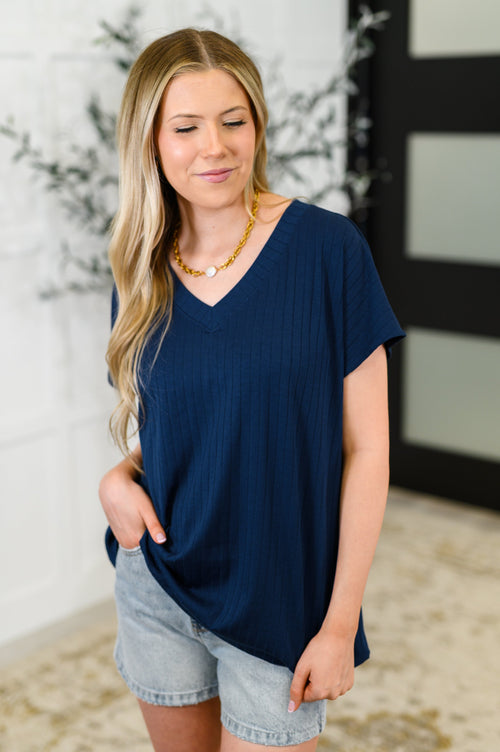 Top Shelf Basic V-Neck Ribbed Tee in Navy - Maple Row Boutique