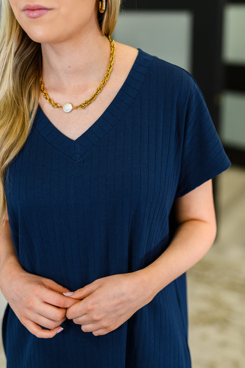 Top Shelf Basic V-Neck Ribbed Tee in Navy - Maple Row Boutique