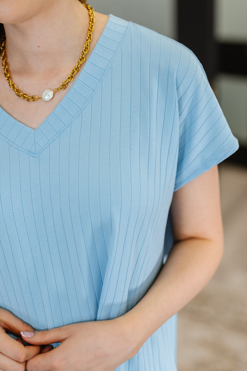 Top Shelf Basic V-Neck Ribbed Tee in Sky Blue - Maple Row Boutique