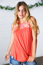Orange-Red Embroidery Lace Edge Yoke Top - Maple Row Boutique 