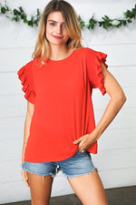 Red Smocked Ruffle Frill Sleeve Top - Maple Row Boutique 