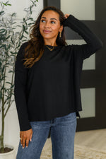 Wander & Rest Cable Ribbed Knit Drop Shoulder Top in Black - Maple Row Boutique