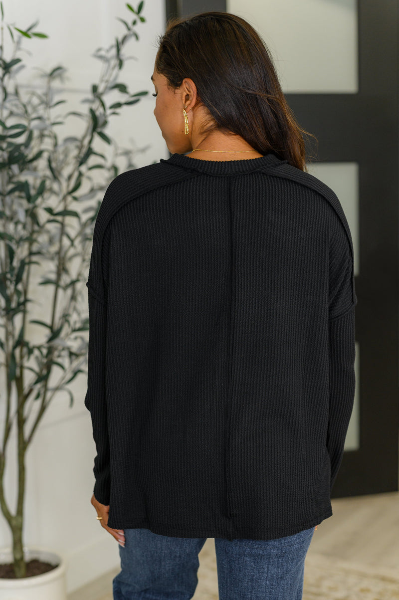 Wander & Rest Cable Ribbed Knit Drop Shoulder Top in Black - Maple Row Boutique