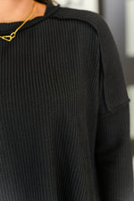 Wander & Rest Cable Ribbed Knit Drop Shoulder Top in Black - Maple Row Boutique