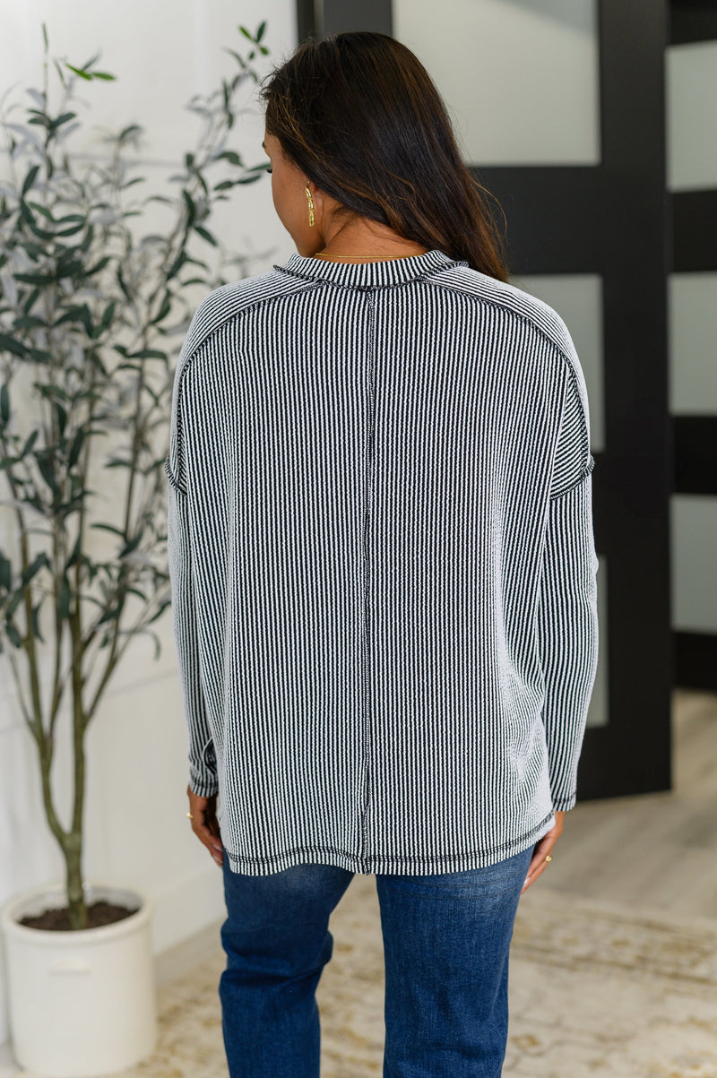 Wander & Rest Cable Ribbed Knit Drop Shoulder Top in Black/White - Maple Row Boutique