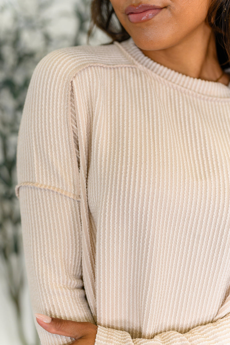 Wander & Rest Cable Ribbed Knit Drop Shoulder Top in Sand Beige - Maple Row Boutique