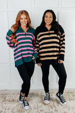 Well Situated Striped Quarter Zip Sweater in Green and Pink - Maple Row Boutique