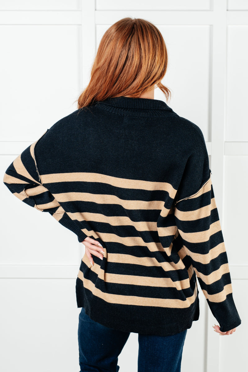Well Situated Striped Quarter Zip Sweater in Black and Tan - Maple Row Boutique