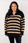 Well Situated Striped Quarter Zip Sweater in Black and Tan - Maple Row Boutique