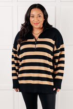 Well Situated Striped Quarter Zip Sweater in Black and Tan - Maple Row Boutique