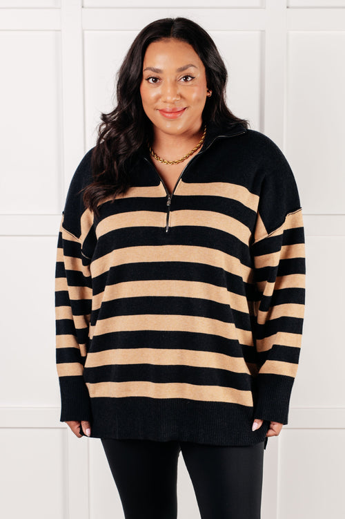 Well Situated Striped Quarter Zip Sweater in Black and Tan - Maple Row Boutique