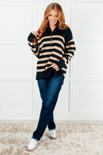 Well Situated Striped Quarter Zip Sweater in Black and Tan - Maple Row Boutique
