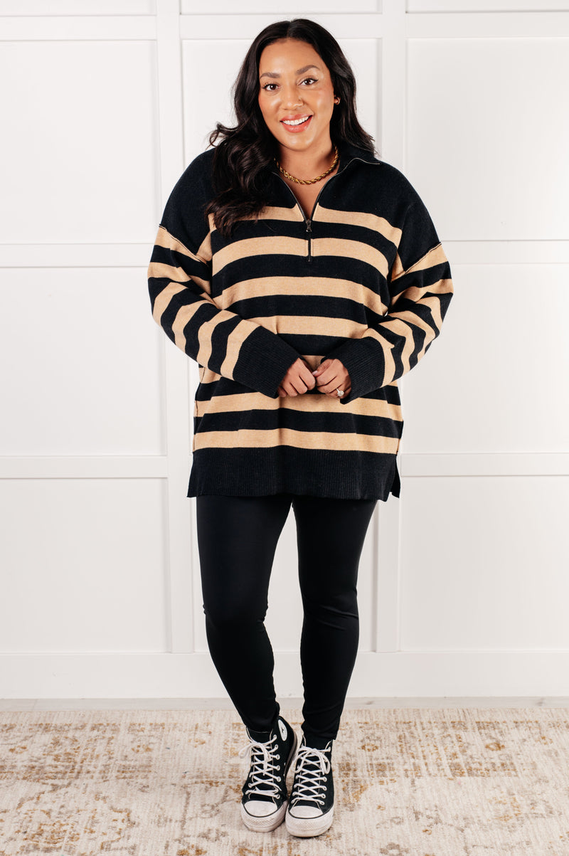 Well Situated Striped Quarter Zip Sweater in Black and Tan - Maple Row Boutique