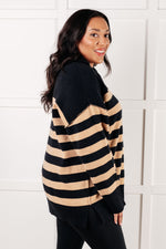 Well Situated Striped Quarter Zip Sweater in Black and Tan - Maple Row Boutique