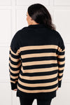 Well Situated Striped Quarter Zip Sweater in Black and Tan - Maple Row Boutique